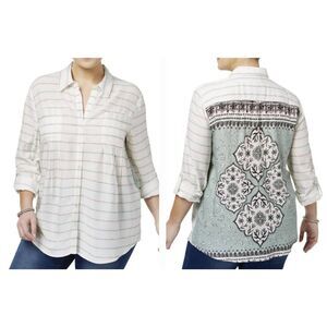 Style & Co Button Down Top Blouse Striped Front Printed Back Sz 0X